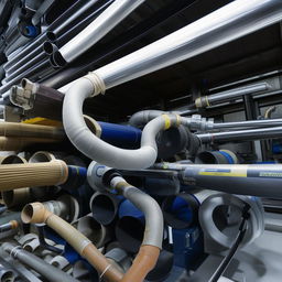 Close-up shot of different types of industrial tubing under testing, displaying a variety of diameters, materials, and uses under a brightly lit workshop.