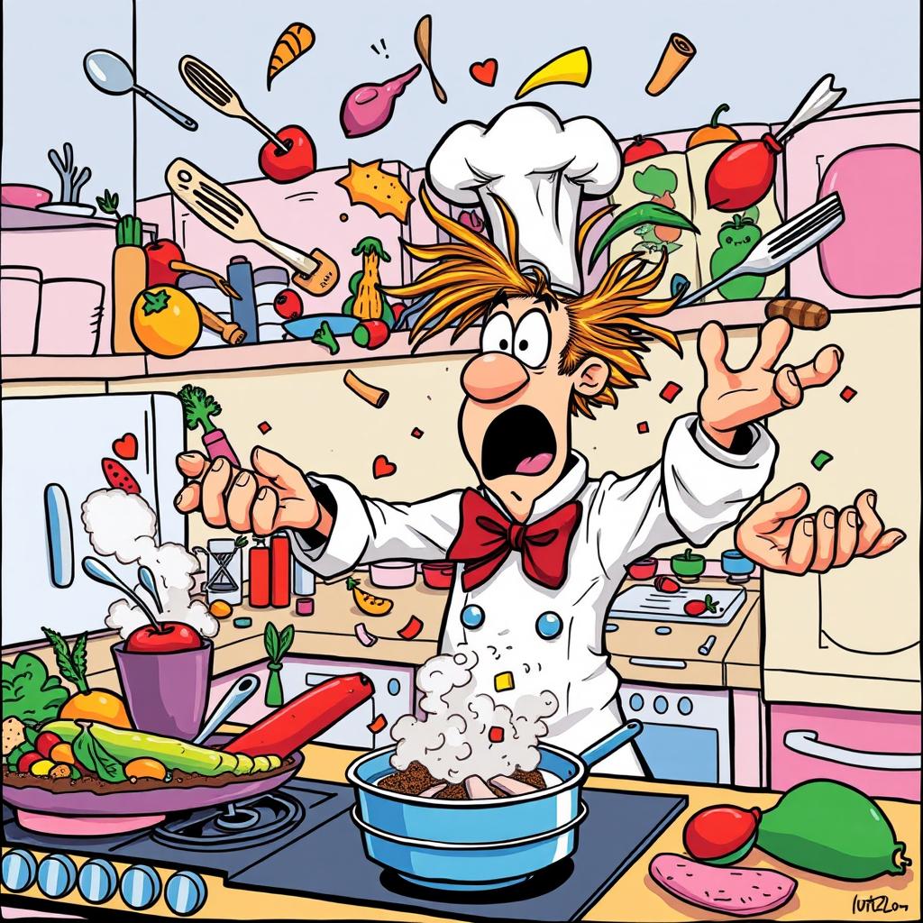 A whimsical comic scene depicting a person trying to cook a fancy meal in a chaotic kitchen