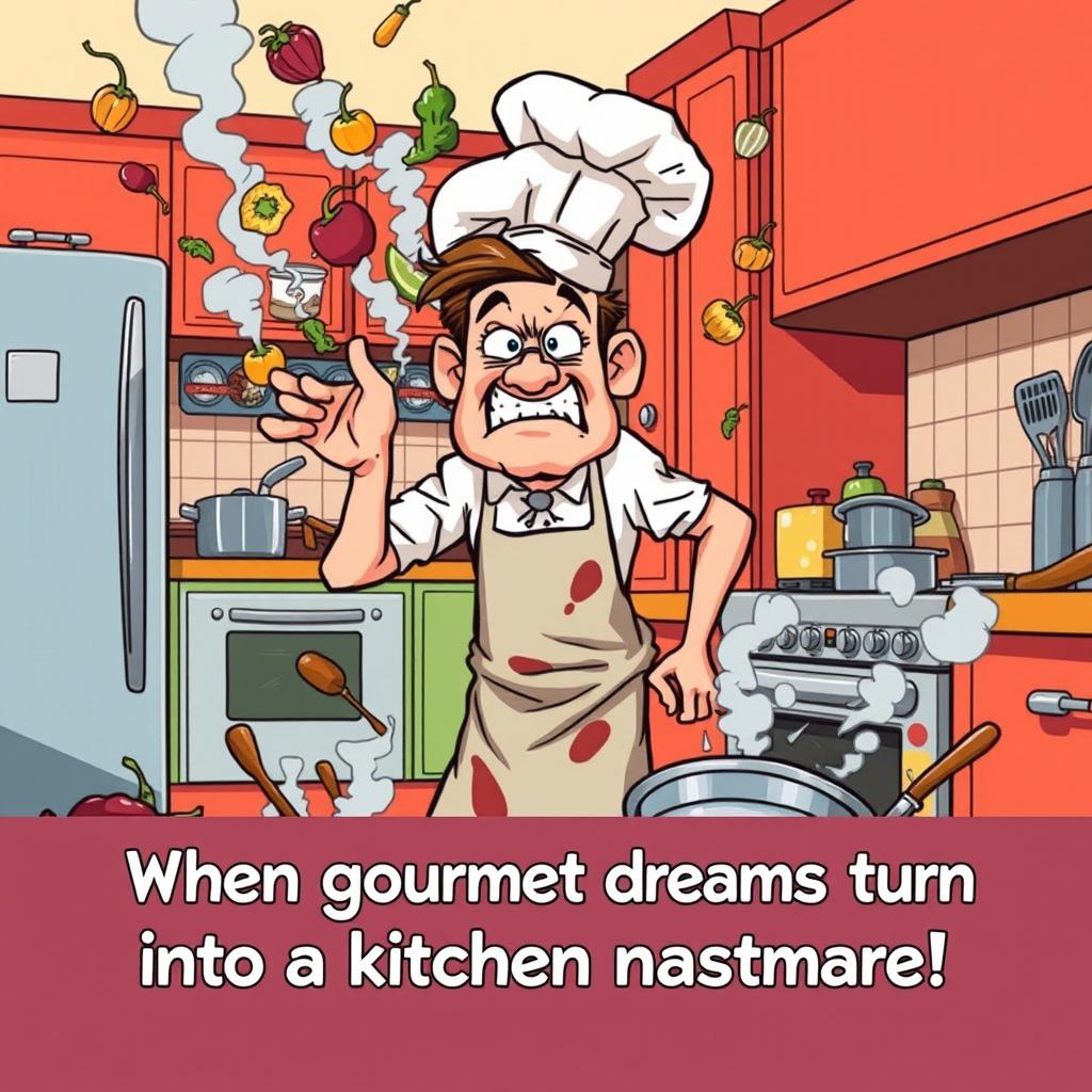A humorous comic scene depicting a person attempting to cook a fancy meal in a chaotic kitchen