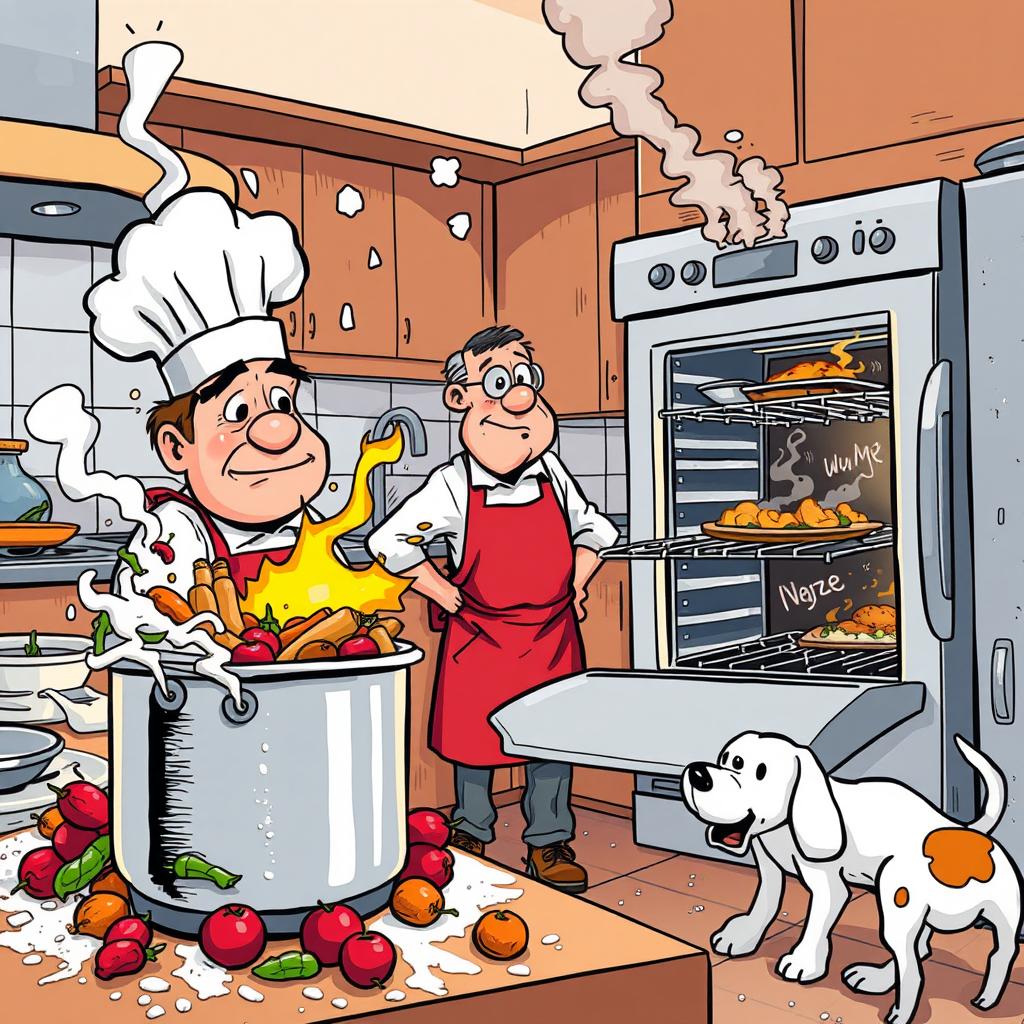 A humorous comic scene depicting a person in a chaotic kitchen environment while attempting to cook a fancy meal
