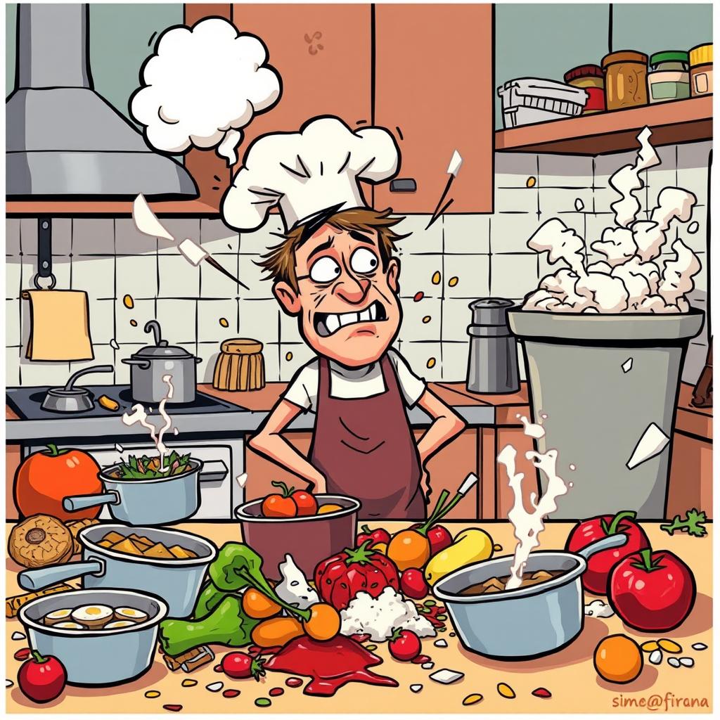 A humorous comic scene of a person in a chaotic kitchen trying to cook a fancy meal