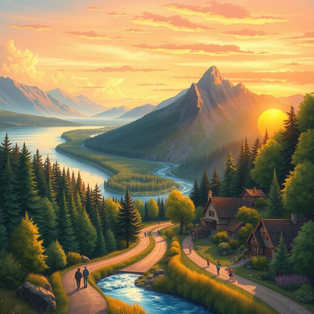A scenic illustration showcasing a beautiful journey starting from a serene lakeside view in the early morning, transitioning through a lush green forest with sunlight streaming through the trees, followed by a picturesque mountain landscape where a winding river flows down, and finally arriving at a charming village with cozy cottages during a sunset