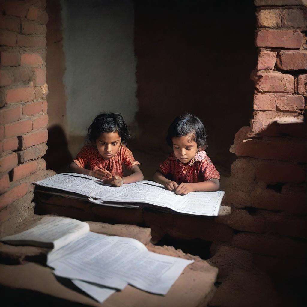 A young girl and her older brother are studying in a house, half of which is made of brick walls and the other half of partition walls, during the night.