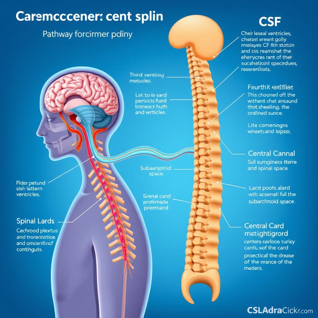 A detailed and informative illustration showing the pathway of cerebrospinal fluid (CSF) in the human body