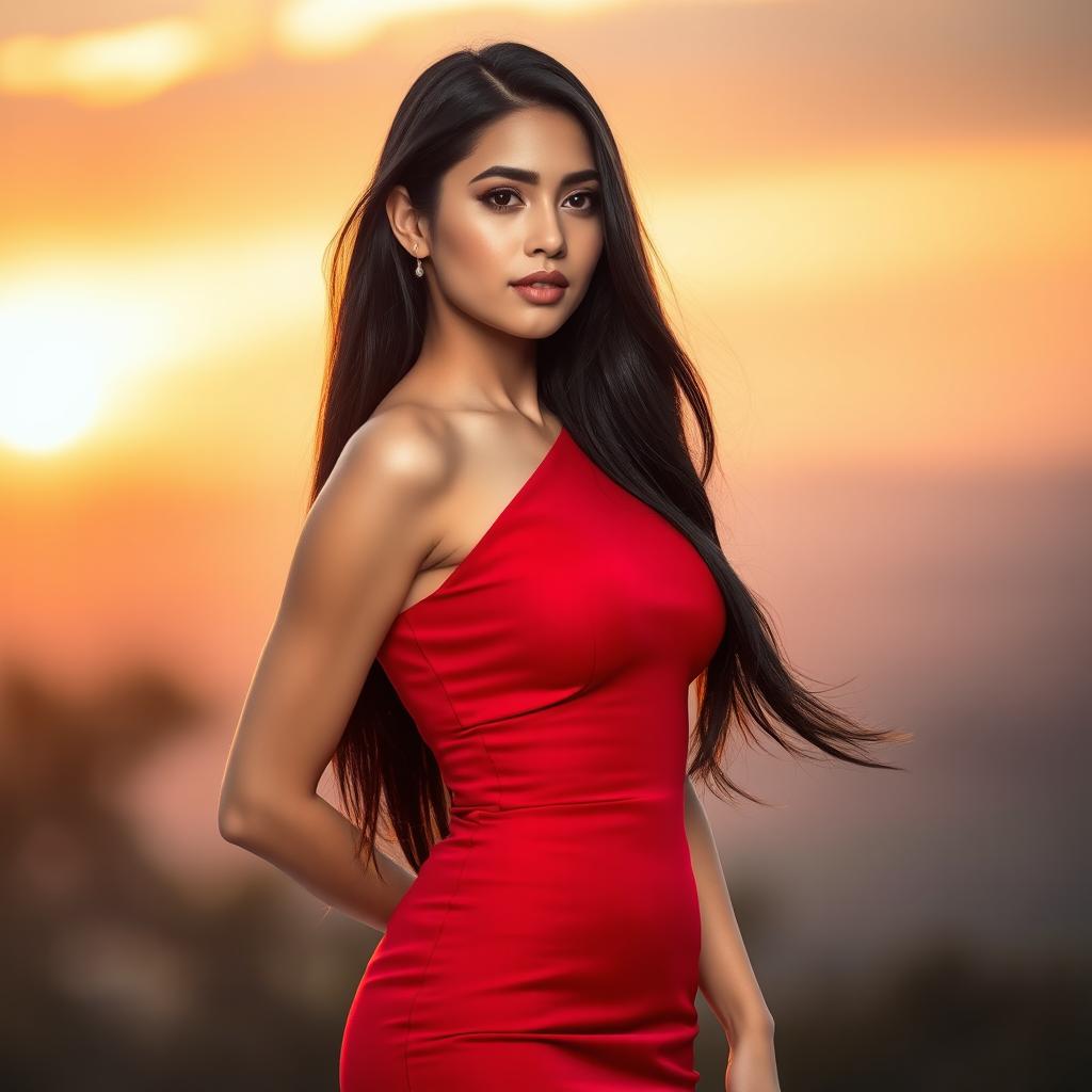 A beautiful woman with long flowing black hair wearing a stunning, form-fitting red dress that elegantly hugs her curves