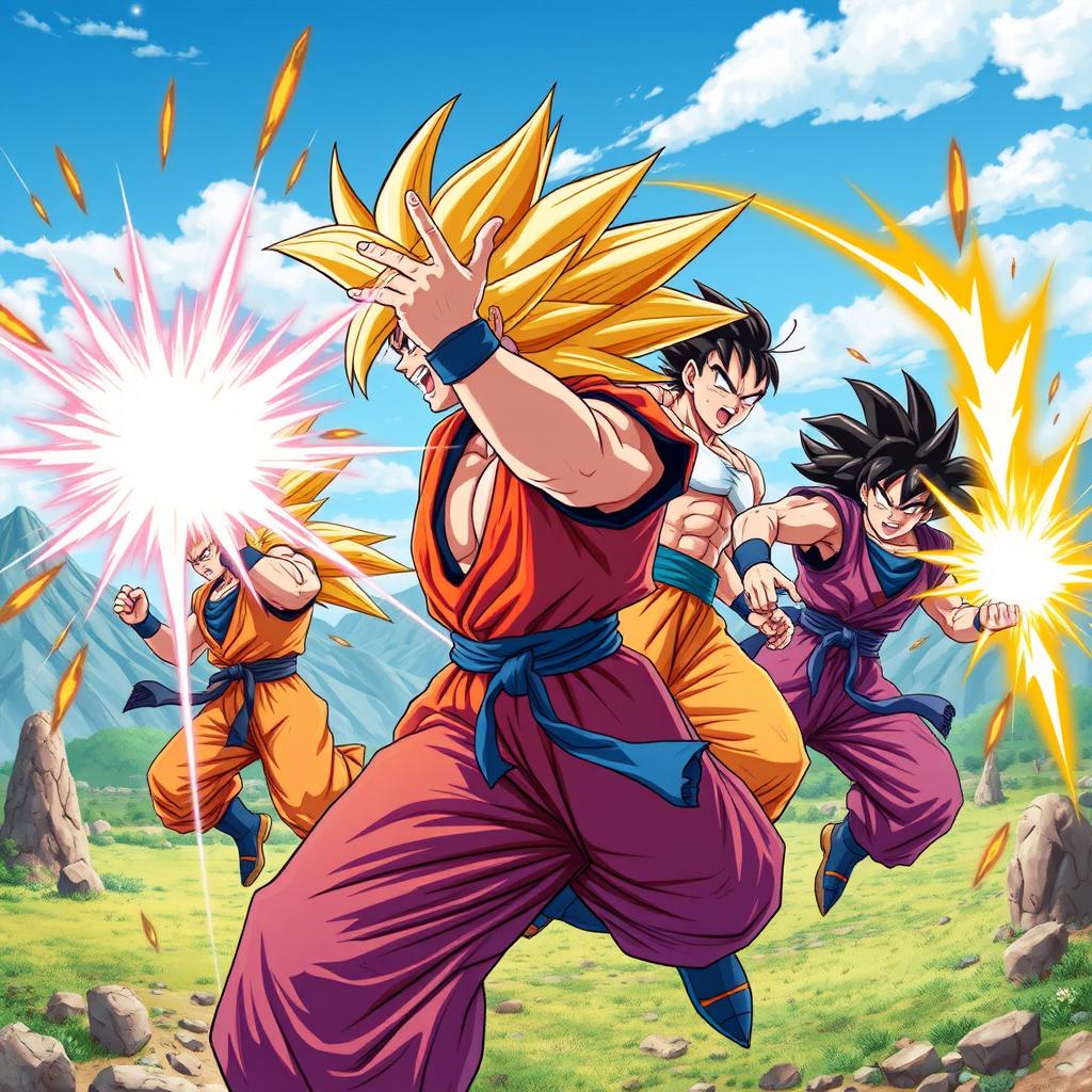 A dynamic scene featuring powerful, muscular warriors in a colorful Dragon Ball-inspired style, showcasing intense energy blasts and martial arts moves in mid-fight