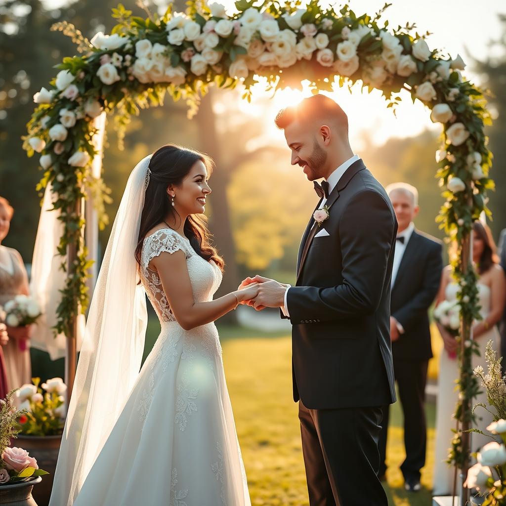 A beautiful wedding scene featuring two people exchanging vows in a serene garden setting