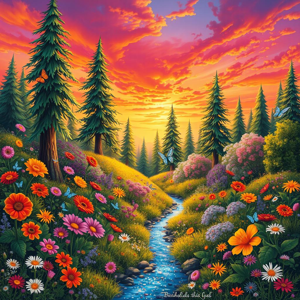 A vibrant and colorful landscape featuring a magical forest filled with various bright flowers, lush greenery, and tall, majestic trees