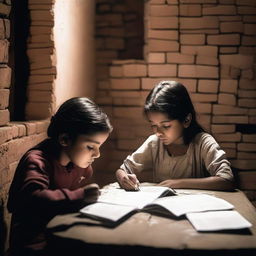 A young girl and her older brother are studying in a house, half of which is made of brick walls and the other half of partition walls, during the night.