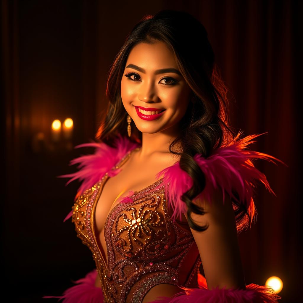 An Asian showgirl with sparkling eyes and an enchanting smile, illuminated by a warm golden light in a dark room, creating a mystical atmosphere