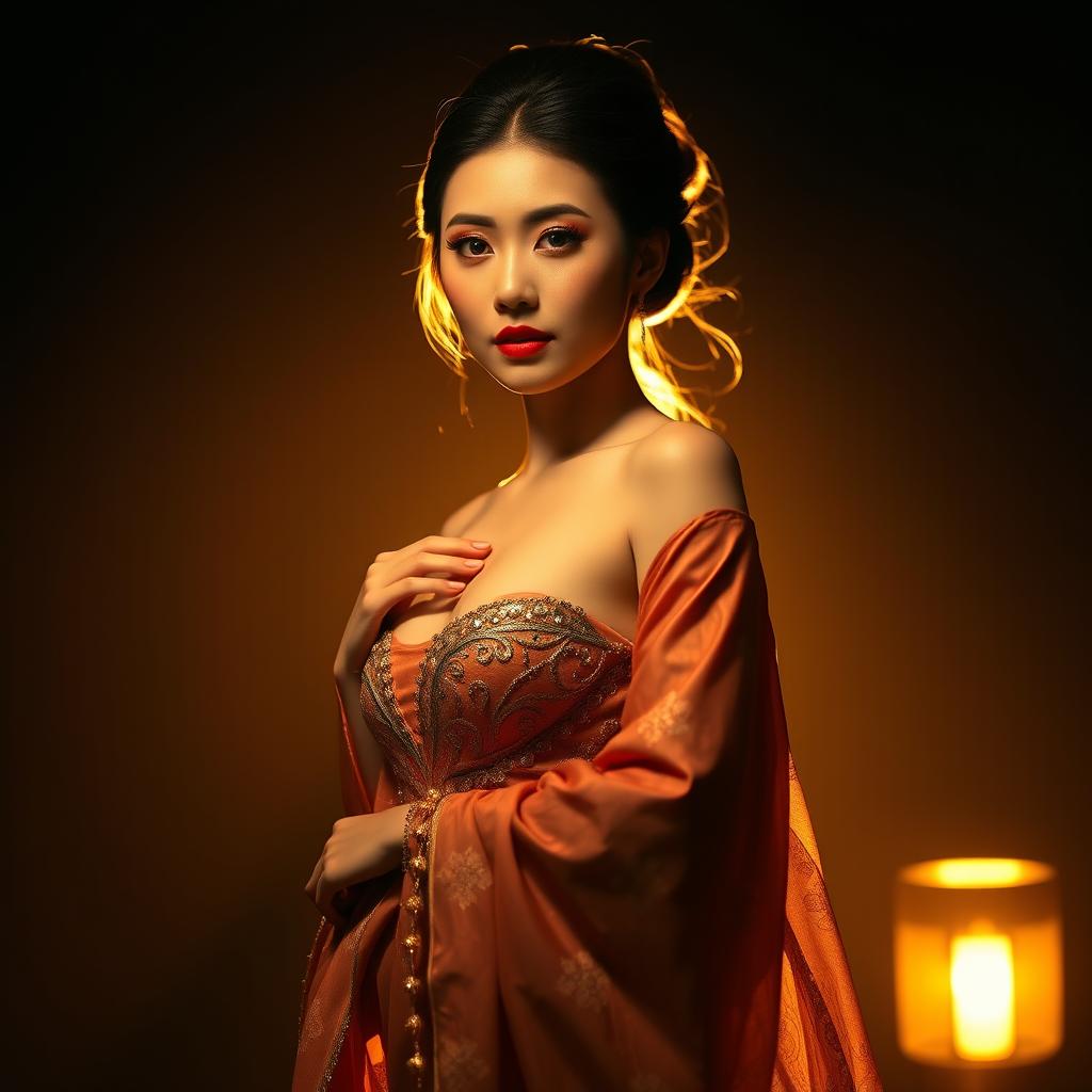 An Asian showwoman standing gracefully in a dark room, illuminated by a warm golden light that highlights her features and flowing costume
