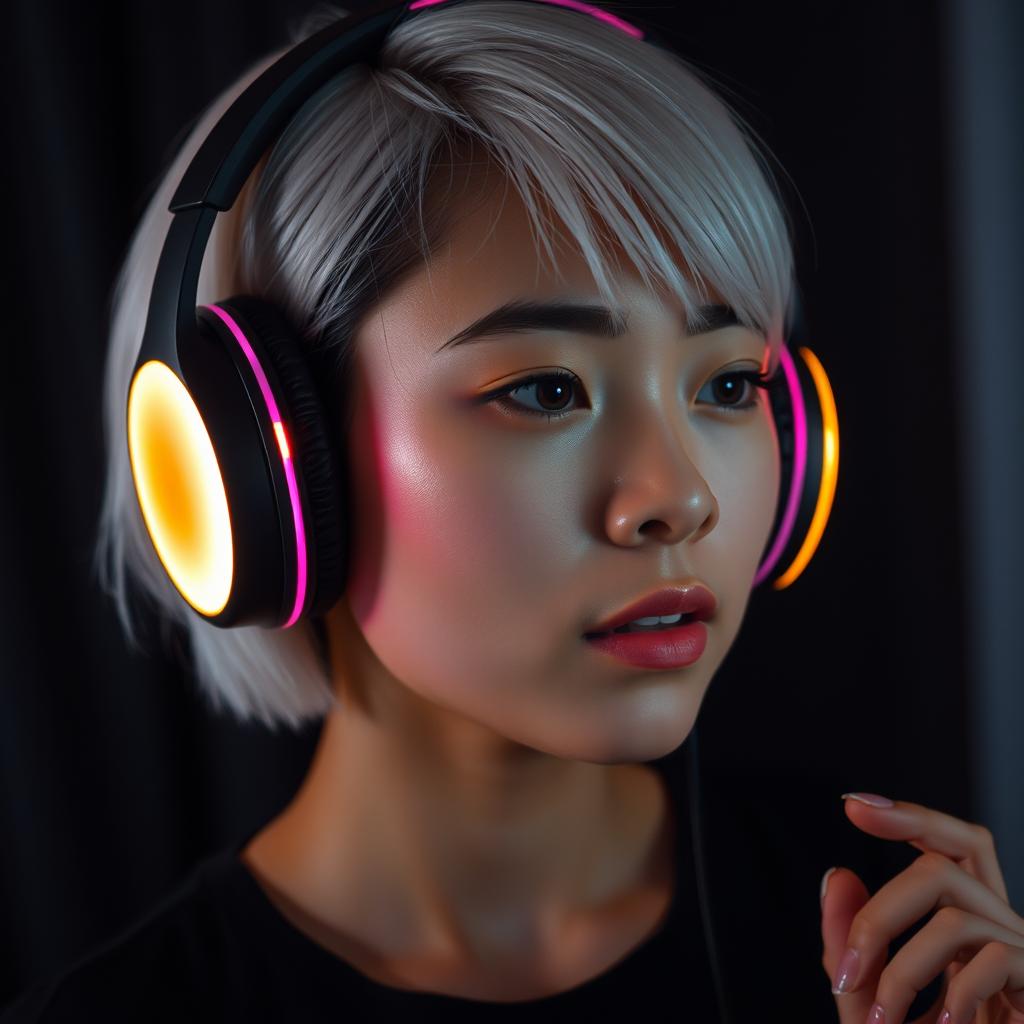 A young Asian woman with short white hair, wearing black and pink headphones that shimmer in golden light