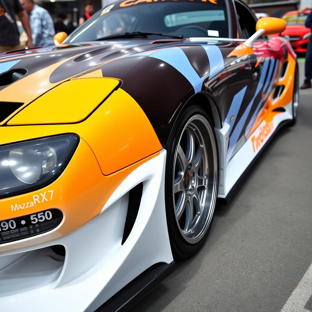 A Mazda RX-7 with a custom body kit inspired by the design of the Veilside, heavily influenced by the classic lines of the 1994 Ford Escort GL