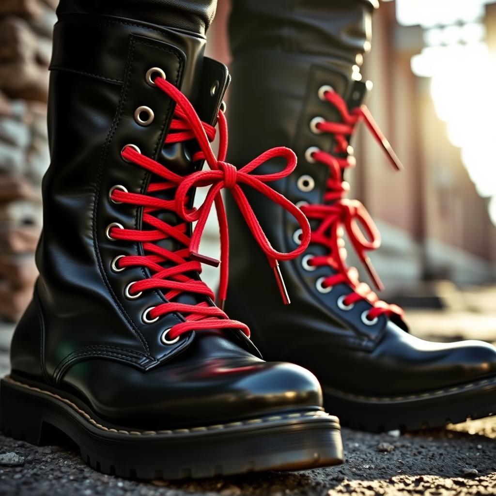 A close-up image of stylish combat boots featuring bold red laces