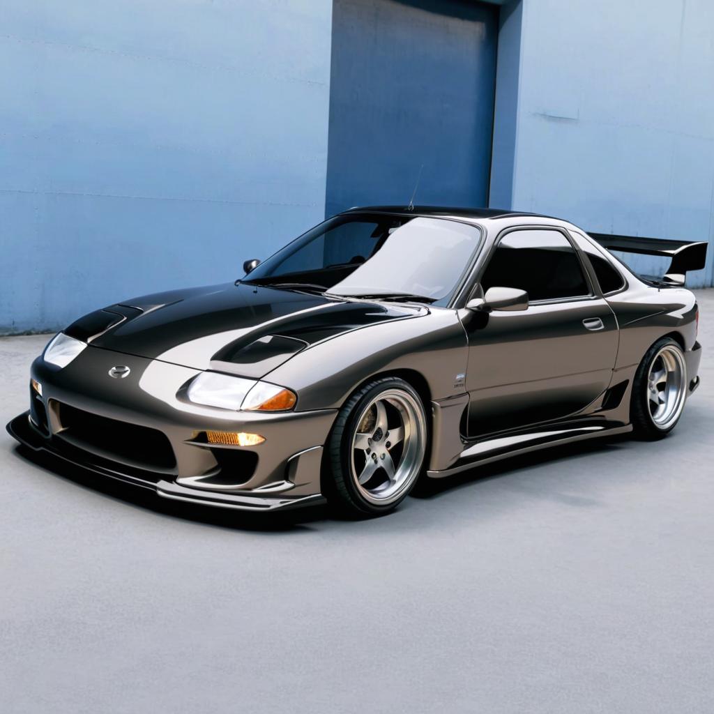 Use the Ford Escort GL 1994 as a base to create a body kit for the Mazda RX-7, taking inspiration from the Veilside design. Make it as close as possible, allowing it to be slightly wider and more robust to achieve a full resemblance to the other vehicle.