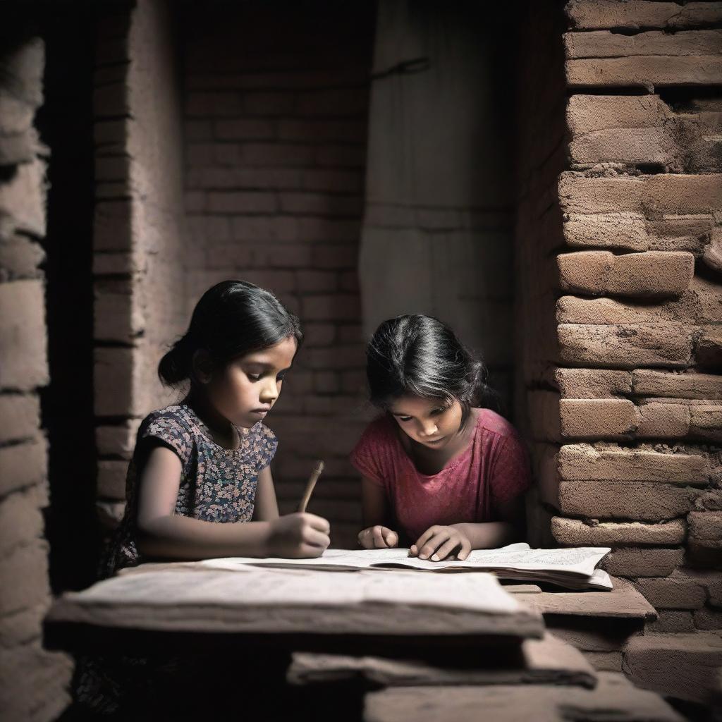 A young girl and her older brother are studying in a house, half of which is made of brick walls and the other half of partition walls, during the night.