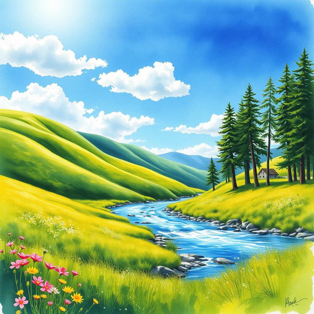 A vibrant watercolor rendering of a serene landscape featuring rolling green hills under a bright blue sky
