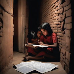 A young girl and her older brother are studying in a house, half of which is made of brick walls and the other half of partition walls, during the night.