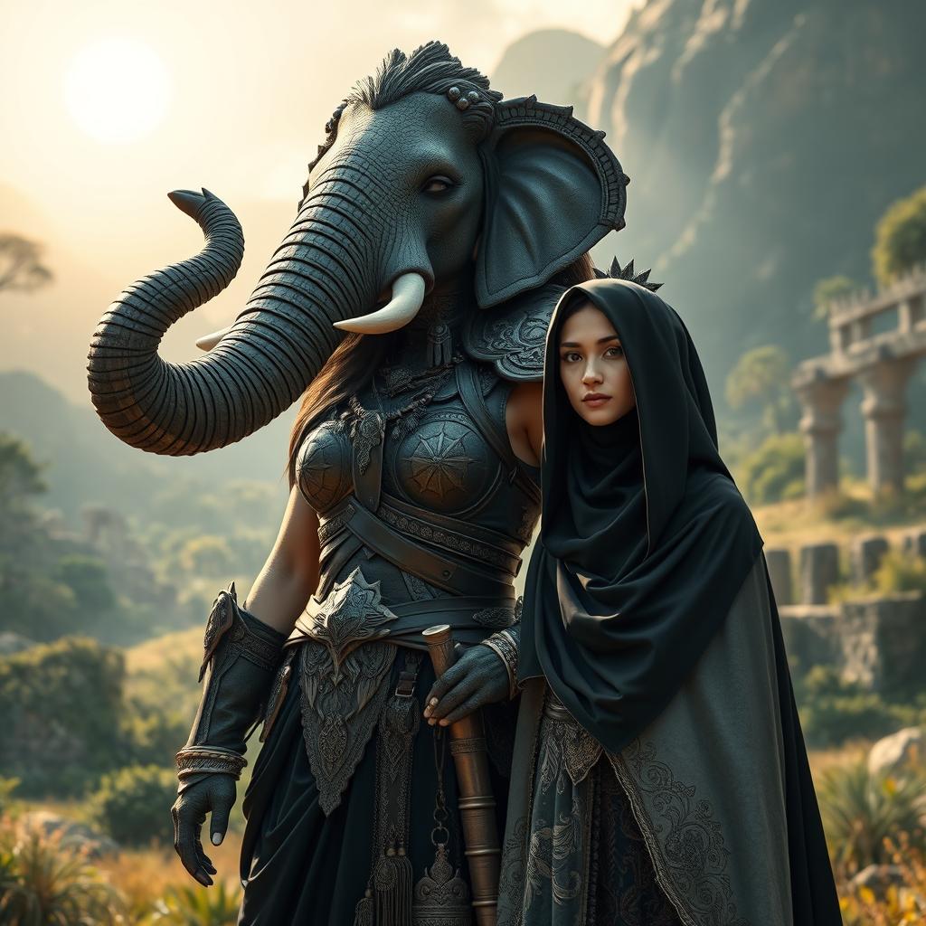 A powerful warrior woman, resembling an elephant in elegance and strength, stands beside a woman dressed in a stunning black and white hijab