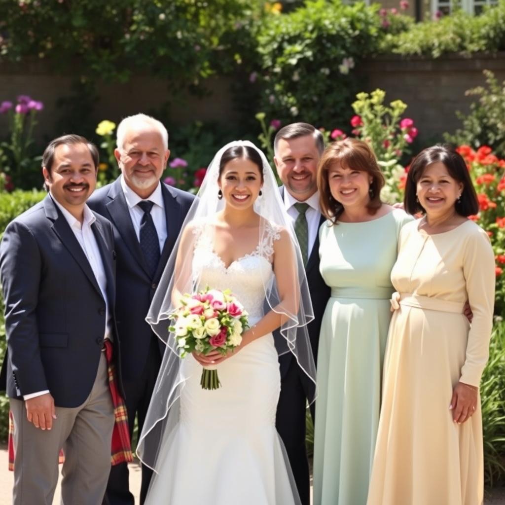 A family photo taken outdoors, featuring a diverse group of happy family members standing closely together