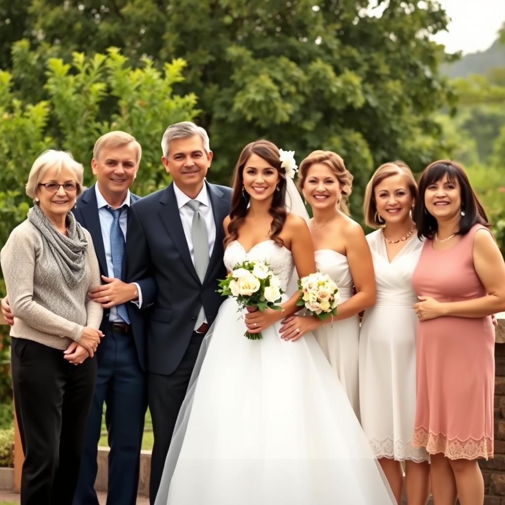 A family photo featuring a beautiful bride in a stunning white wedding gown, standing elegantly among family members