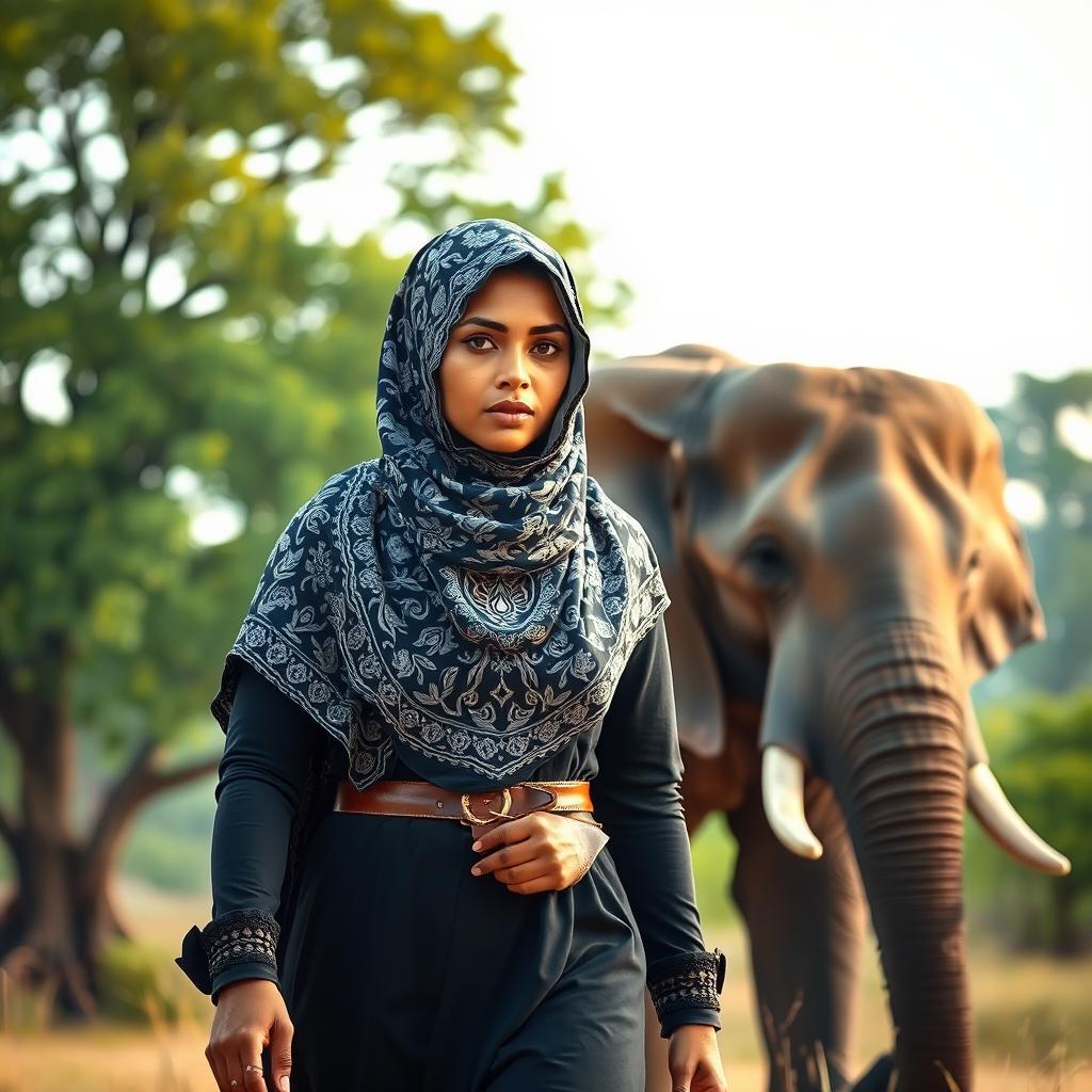 A powerful woman wearing a black and white patterned hijab that resembles a warrior's attire, exuding strength and confidence
