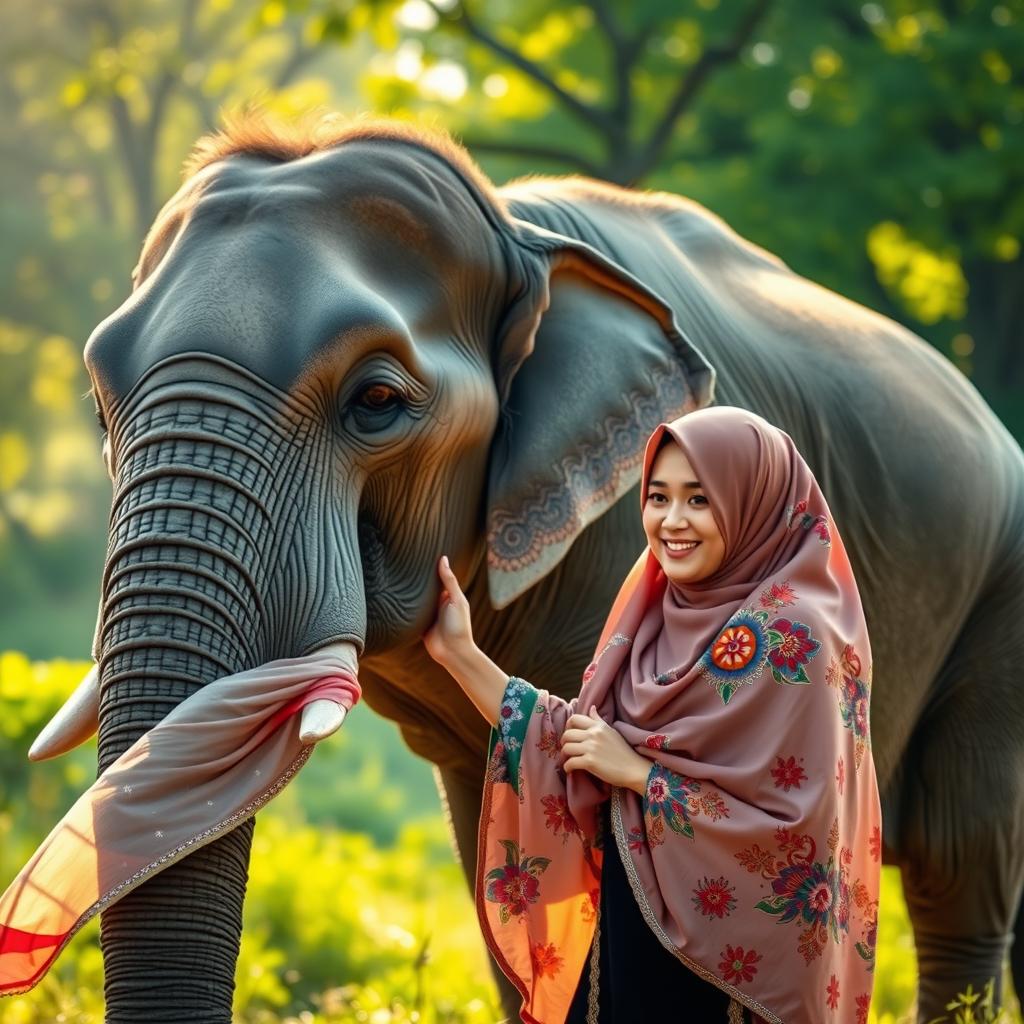 A beautiful scene featuring a woman wearing a flowing, colorful hijab gently interacting with a majestic elephant in a serene landscape