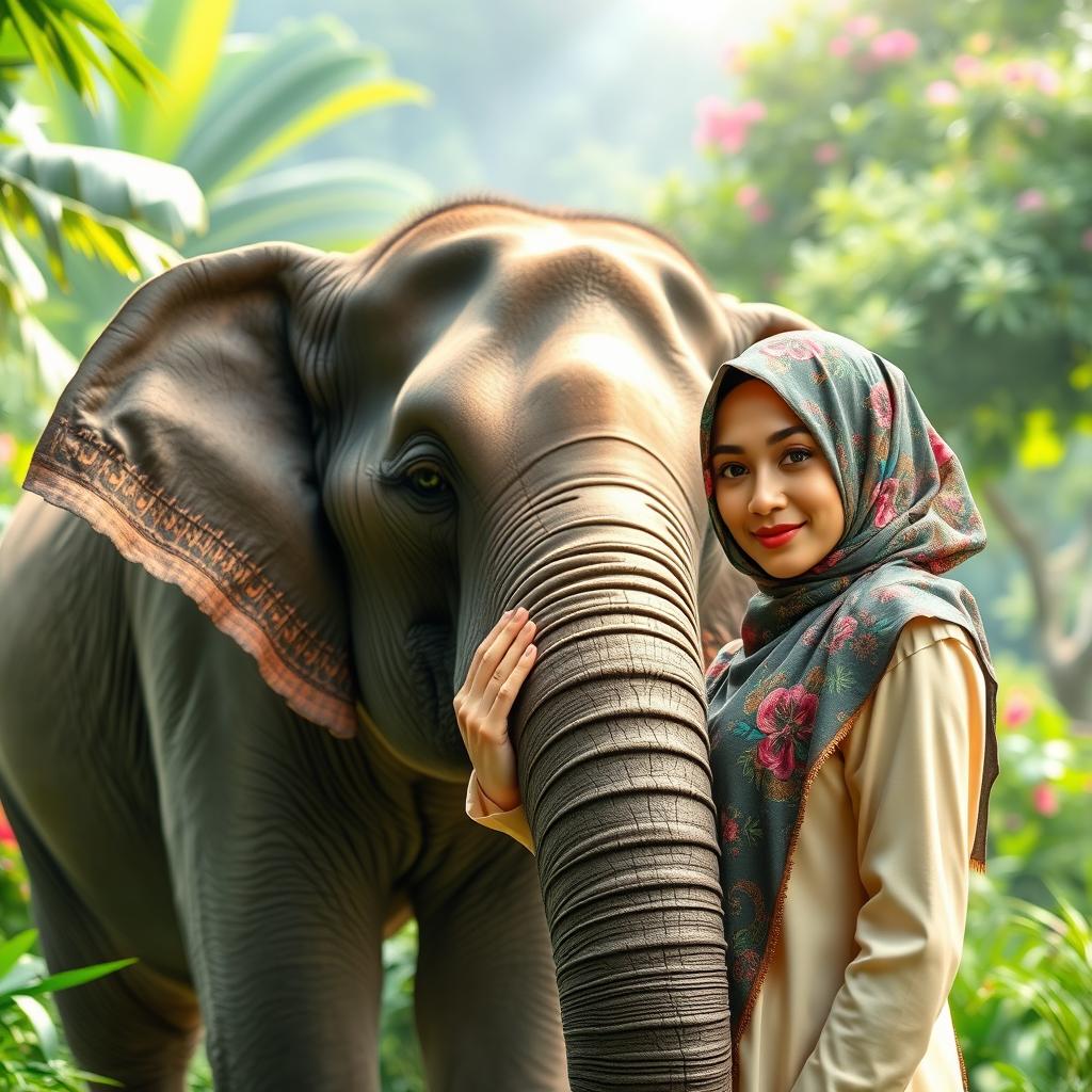 A beautiful woman wearing a colorful hijab standing next to a majestic elephant in a lush green landscape