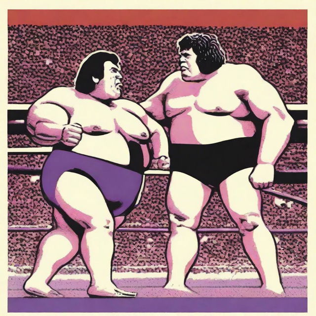 Two muscular wrestling giants, Purple Aki and Andre the Giant, in an epic wrestling match in a detailed, packed stadium.