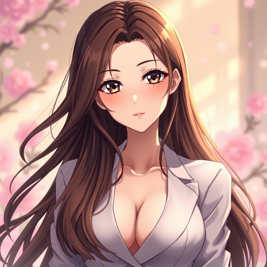 A captivating anime character depicted as a hot mother with long, flowing brown hair that cascades elegantly down her shoulders
