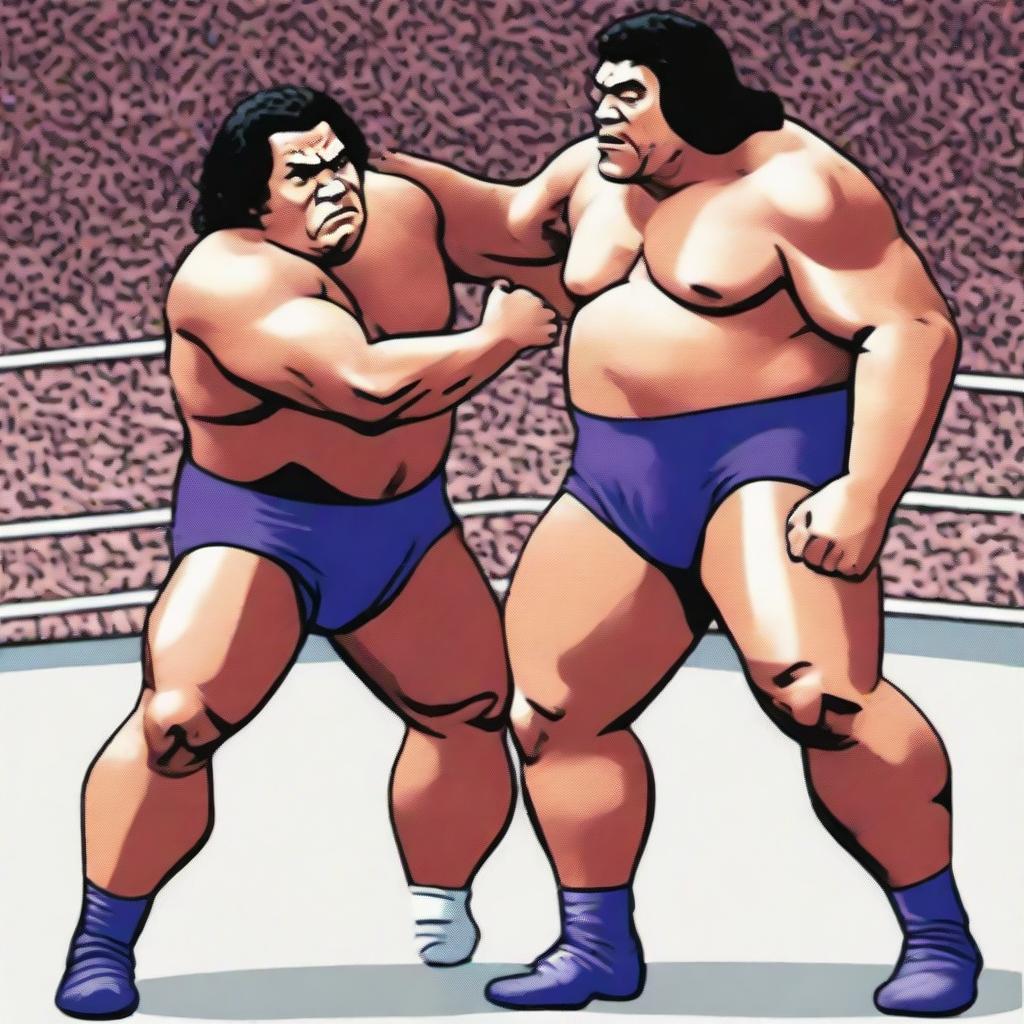 Two muscular wrestling giants, Purple Aki and Andre the Giant, in an epic wrestling match in a detailed, packed stadium.
