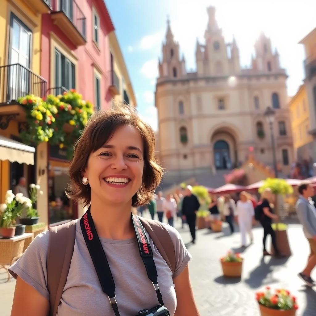 A picturesque scene in Spain featuring a person with a joyful expression standing in front of a famous landmark, warm sunlight illuminating the scene