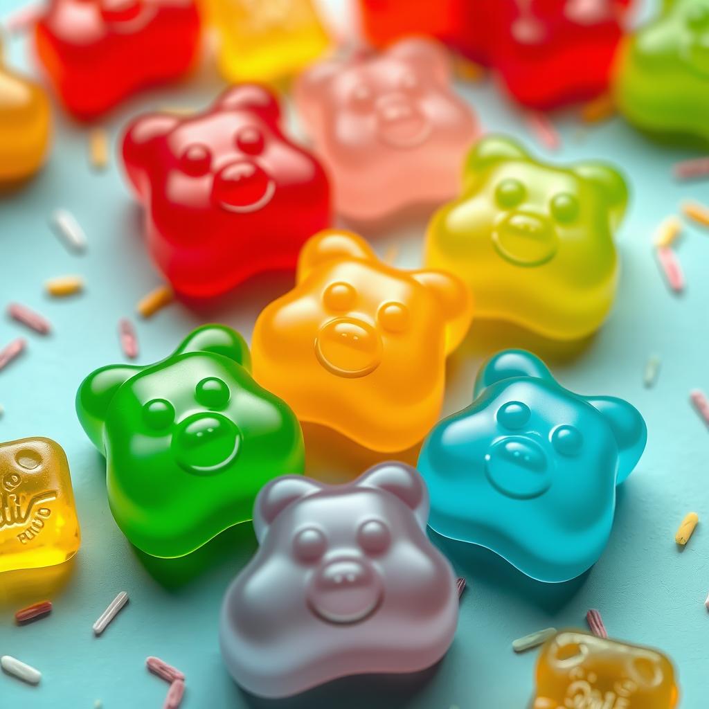 A highly detailed 3D photo of a colorful assortment of Toadie gummy bears arranged artfully on a bright, playful background