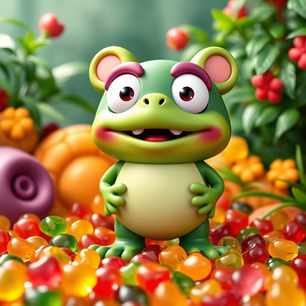 A vibrant 3D photo of Toadwart from the Gummy Bears, showcasing his iconic features such as his round, green body, large expressive eyes, and quirky smile