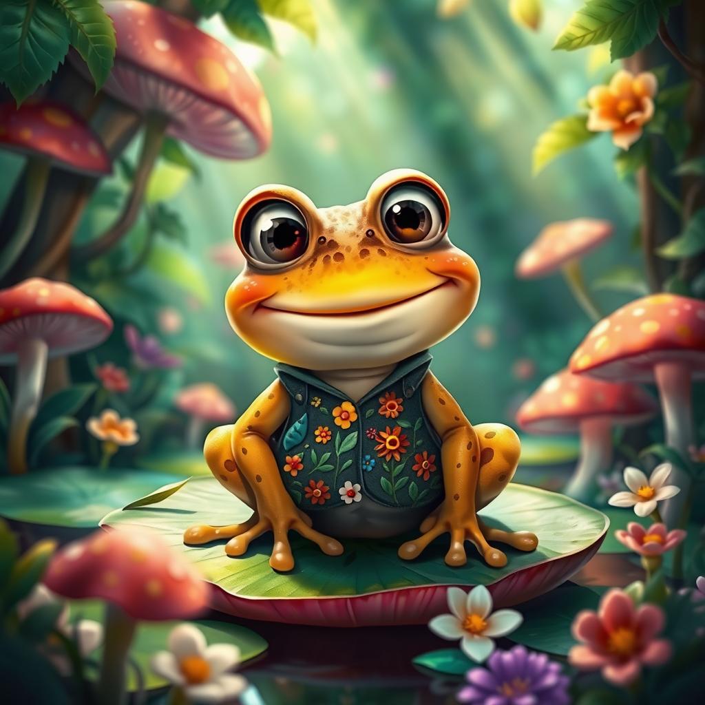 A whimsical, friendly toad named Toadwart, in a lush, enchanted forest setting