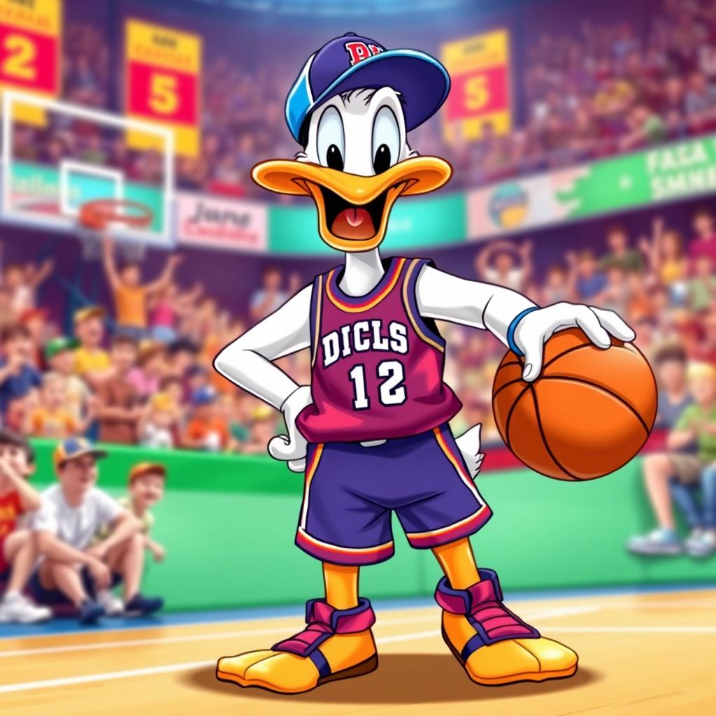 A cartoon-style image of Donald Duck dressed in vibrant basketball attire, complete with a colorful jersey and basketball shorts