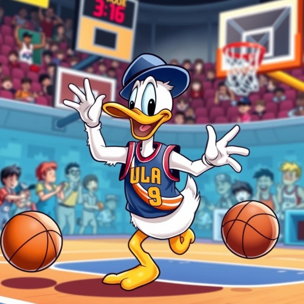 A whimsical cartoon illustration of Donald Duck wearing a colorful NBA jersey, showcasing his iconic feathered body and signature sailor hat