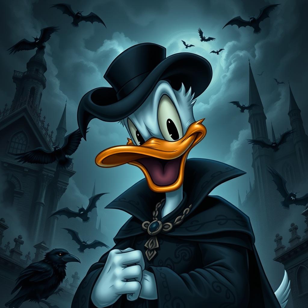 A gothic reinterpretation of Donald Duck, featuring him in dark attire with intricate patterns, surrounded by eerie architecture and shadowy backgrounds