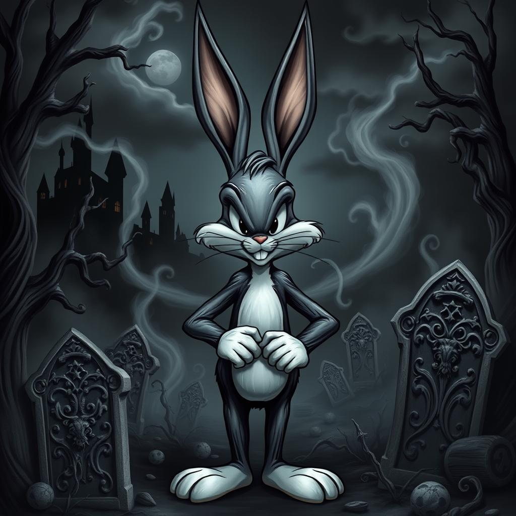 Bugs Bunny depicted in a dark gothic style, exuding an edgy and mysterious vibe