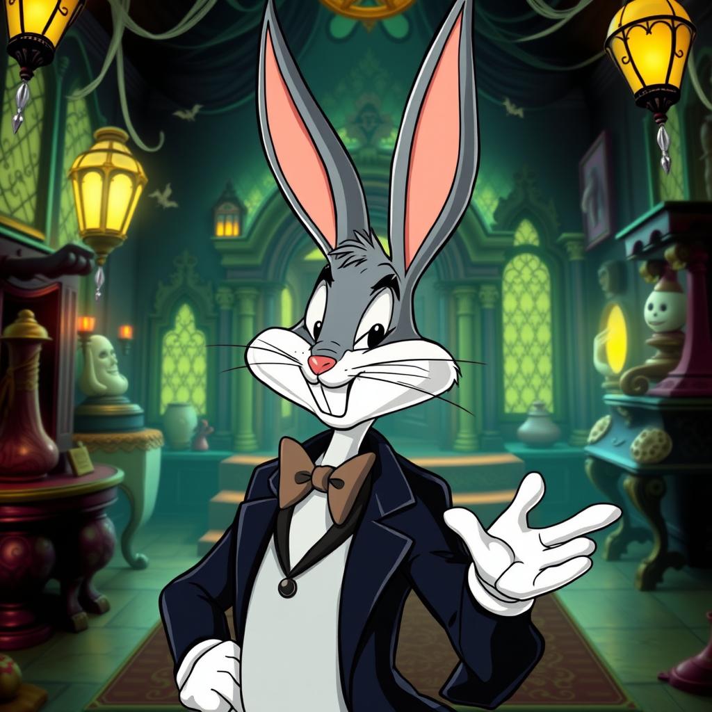 Bugs Bunny reimagined in the Addams Family style, featuring his iconic long ears and expressive personality