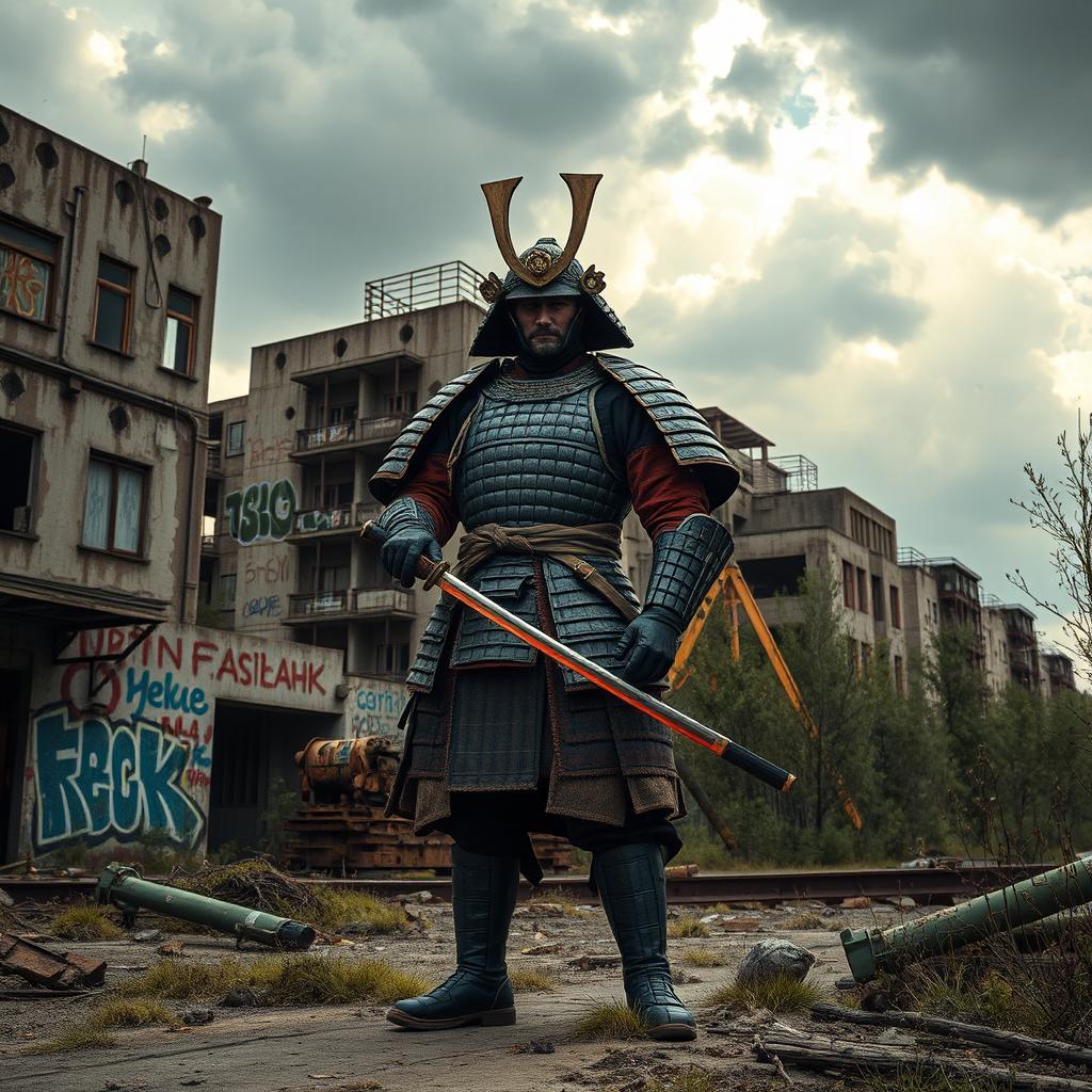 A lone samurai standing proud in a post-Soviet urban landscape, blending traditional Japanese warrior aesthetics with the rugged, crumbling architecture of a former Soviet city