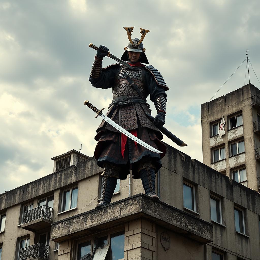A dynamic scene featuring a samurai standing boldly on top of a post-Soviet architectural building