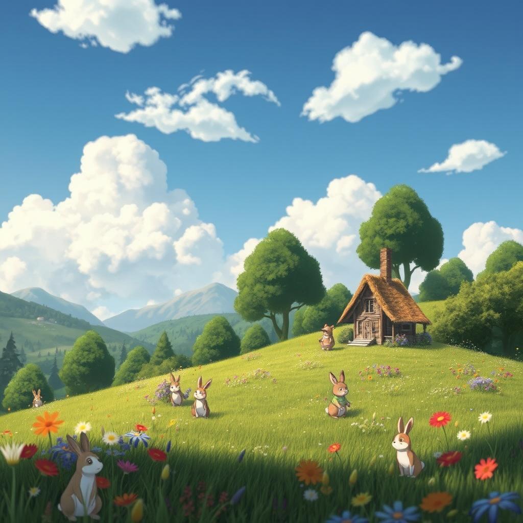 A whimsical landscape in the style of Studio Ghibli, featuring lush green hills dotted with colorful wildflowers, a serene blue sky with fluffy white clouds, and a small, quaint cottage with a thatched roof nestled among the trees