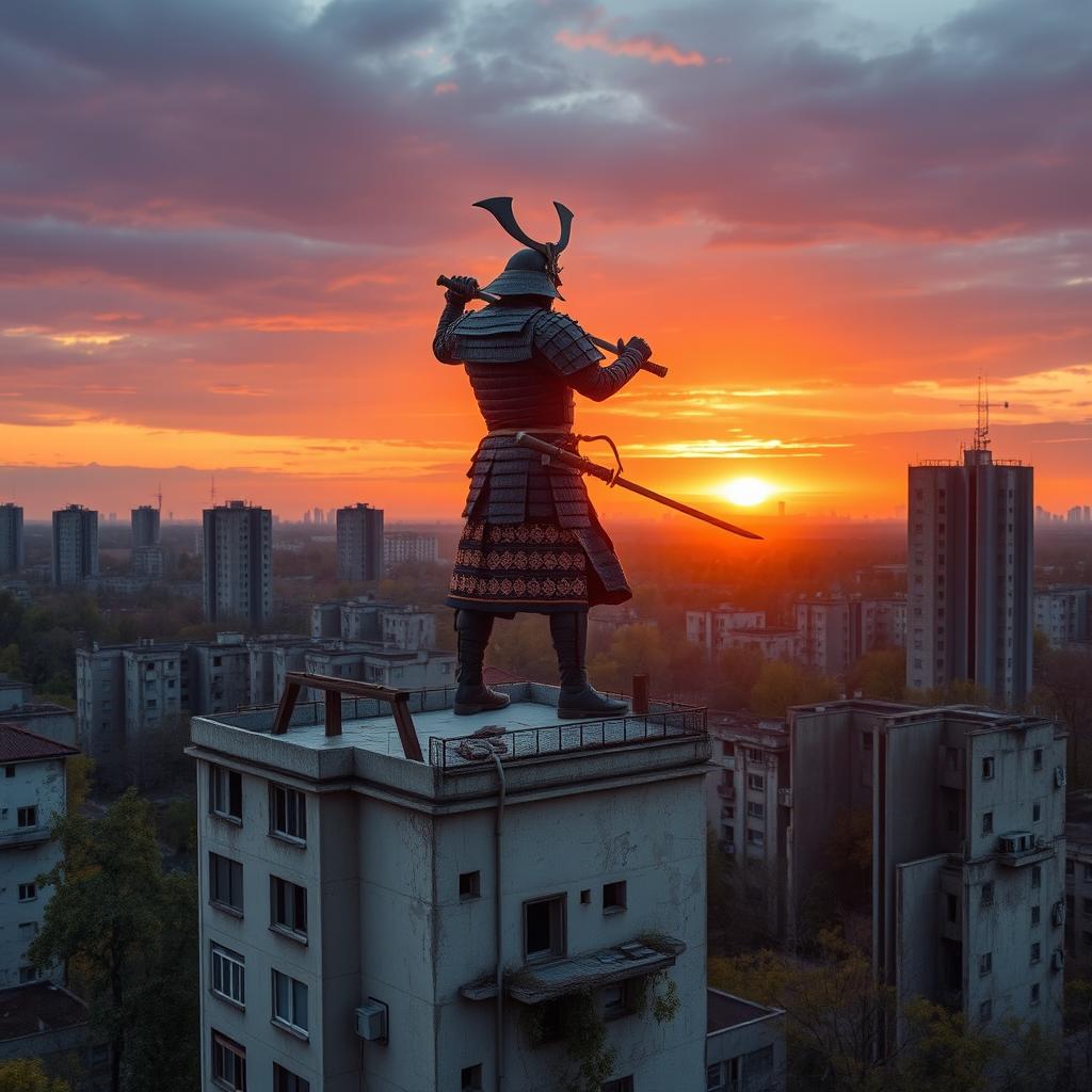 A samurai standing majestically on the top of a post-Soviet era apartment building, wearing traditional armor with intricate designs