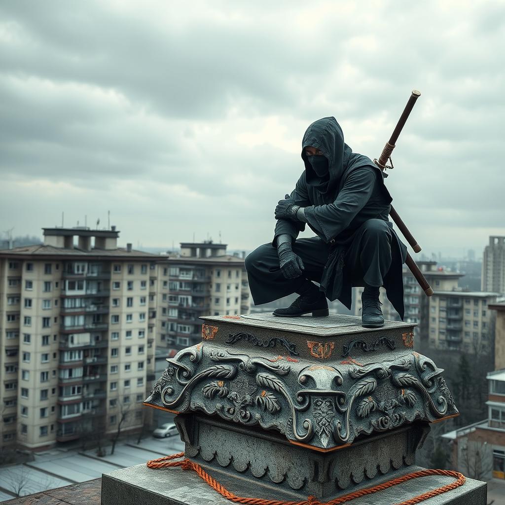 A stealthy ninja crouching on top of a post-soviet architectural structure, showcasing a mix of aged concrete and ornate Soviet-era designs