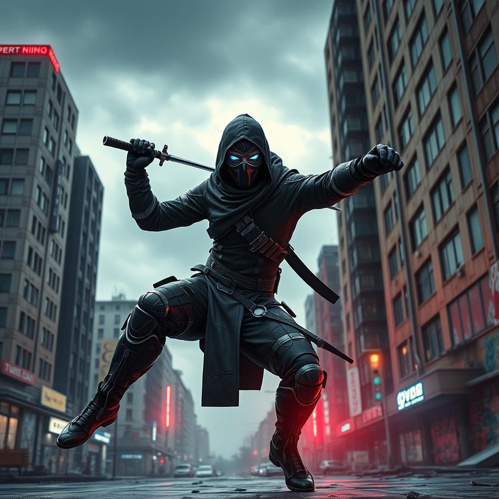 A futuristic post-Soviet ninja, wearing a sleek, high-tech suit with a mix of traditional martial arts elements and modern tactical gear