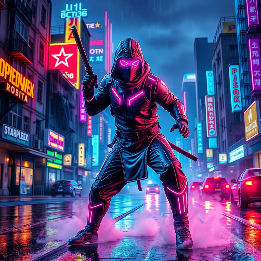 A post-Soviet super neon ninja, clad in a sleek, futuristic ninja outfit with bright neon accents