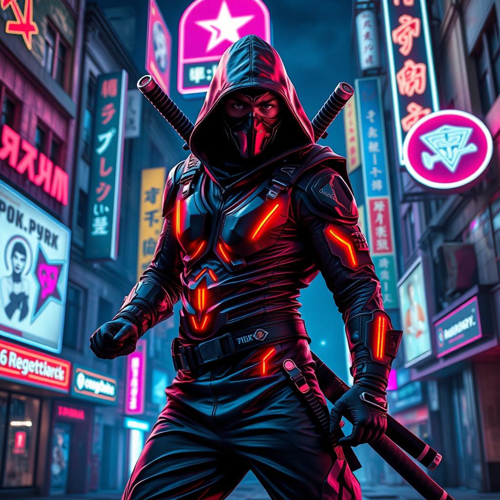 A striking post-Soviet inspired super ninja, featuring a sleek, futuristic outfit adorned with bright neon accents