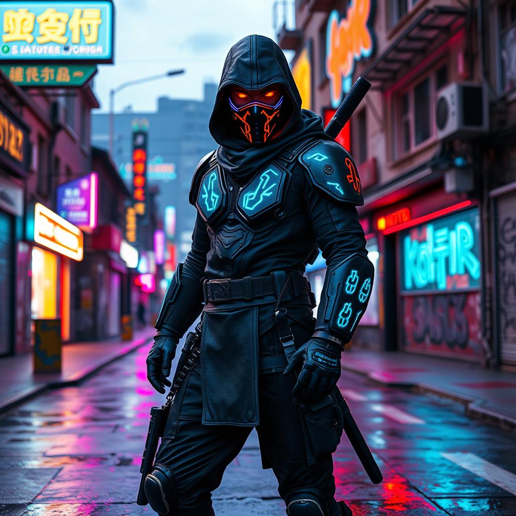 A post-Soviet ninja clad in futuristic, neon-infused attire, set against an urban backdrop filled with remnants of Soviet architecture and vibrant neon lights
