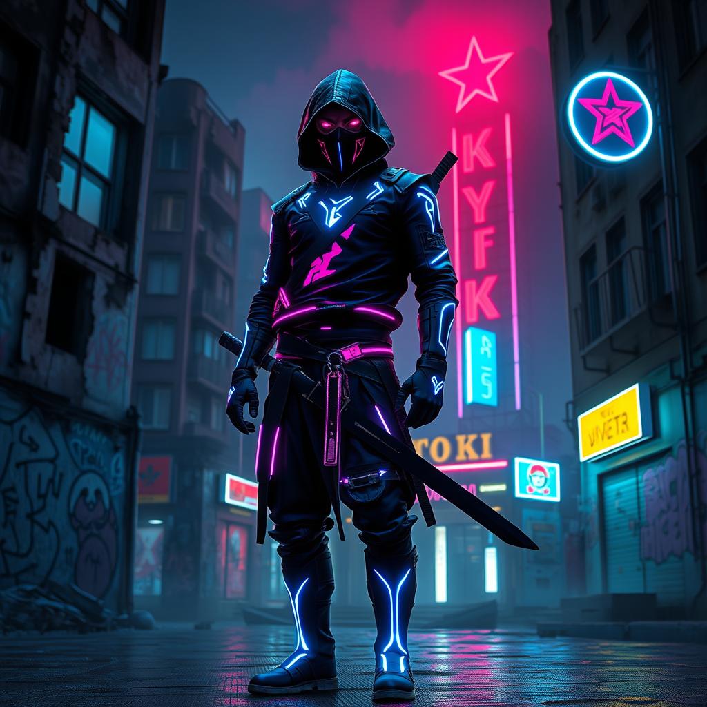 A post-soviet neon ninja standing in a futuristic cityscape, wearing a sleek black outfit adorned with glowing neon accents in shades of blue and pink